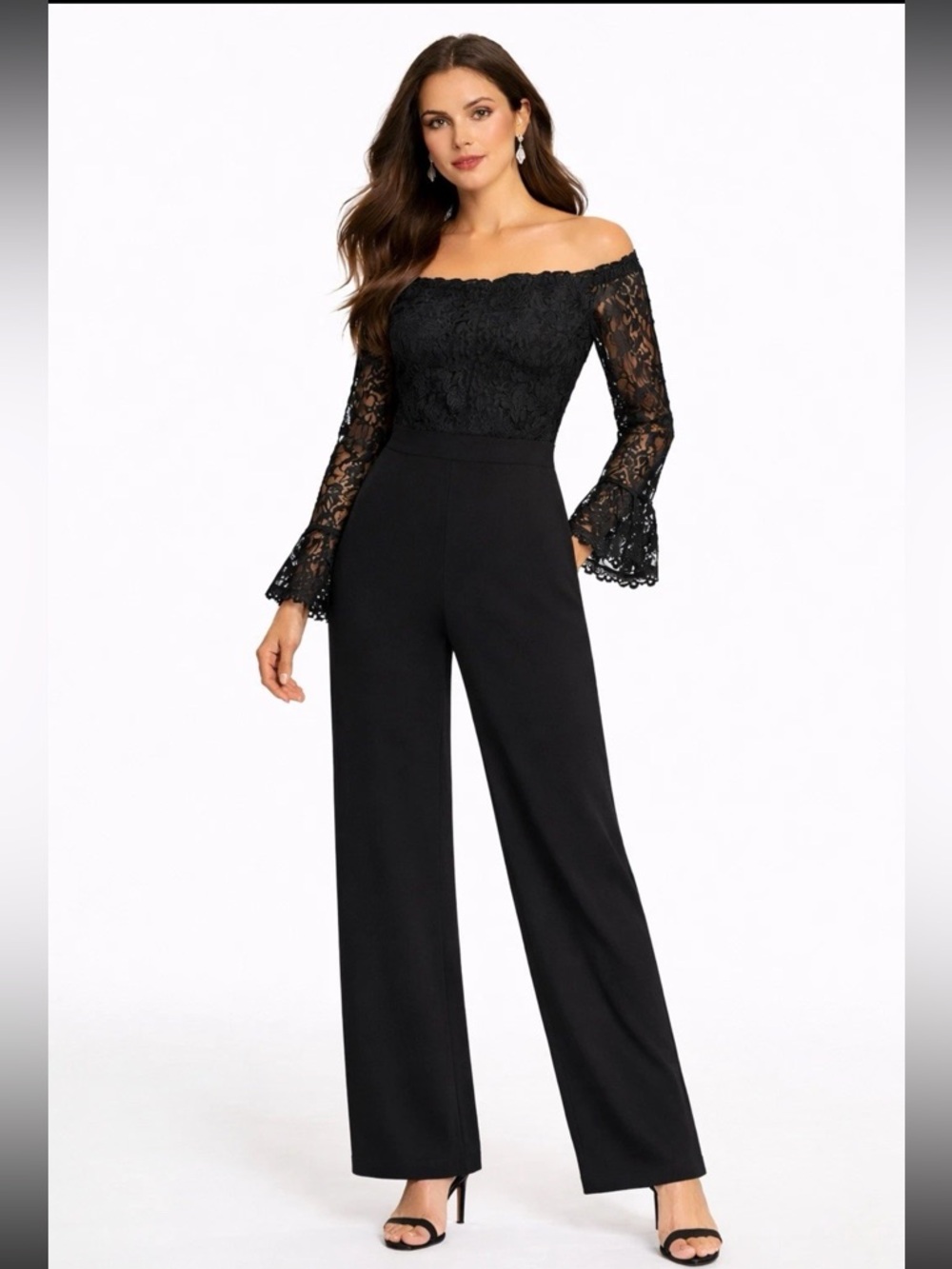 Adrianna Papell Black Off-Shoulder Lace Wide-Leg Jumpsuit